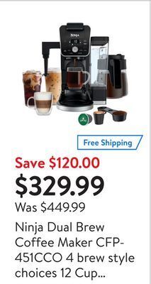 Walmart Ninja dual brew coffee maker cfp451cco 4 brew style choices 12 cup glass carafe offer