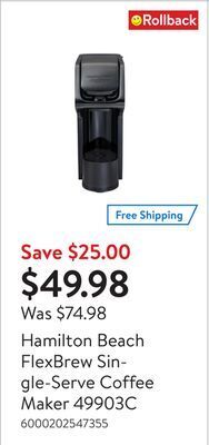 Walmart Hamilton beach flexbrew single-serve coffee maker 49903c offer