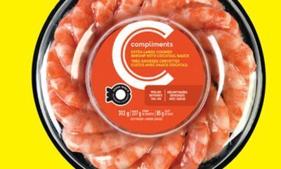 Chalo FreshCo Compliments cooked shrimp with cocktail sauce frozen 312 g cooked pacific white shrimp frozen 680 g offer