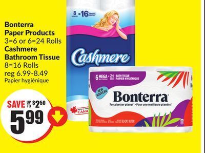 Chalo FreshCo Bonterra paper products 3 = 6 or 6 = 24 rolls cashmere bathroom tissue 8 = 16 rolls offer