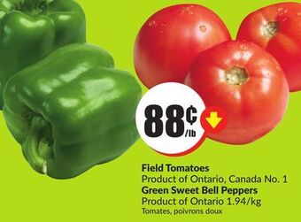 FreshCo Field tomatoes product of ontario, canada no. 1 green sweet bell peppers product of ontario 1.94/kg offer
