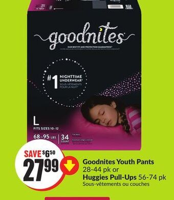 FreshCo Goodnites youth pants 28-44 pk or huggies pull-ups 56-74 pk offer