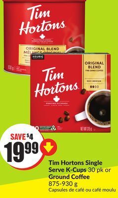 FreshCo Tim hortons single serve k-cups 30 pk or ground coffee 875-930 g offer