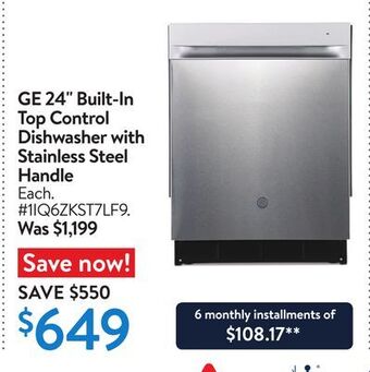 Walmart Ge 24 built-in top control dishwasher with stainless steel handle offer
