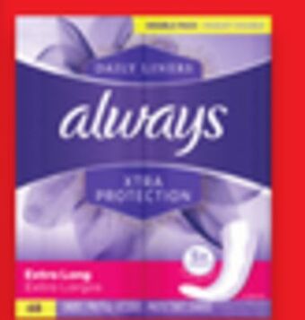 Walmart Always pads 20-48's, liners 68-120's or tampax tampons 40's offer