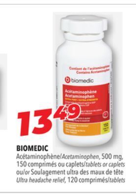 Familiprix Biomedic acetaminophen, 500 mg, 150 tablets or caplets or ultra headache relief, 120 tablets offer