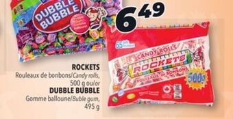 Familiprix Rockets candy rolls, 500 g or dubble bubble buble gum, 495 g offer