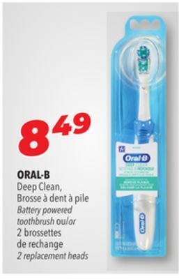 Familiprix Oral-b deep clean, battery powered toothbrush or 2 replacement heads offer