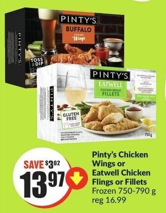 FreshCo Pinty's Chicken Wings or Eatwell Chicken Flings or Fillets Frozen 750-790g offer