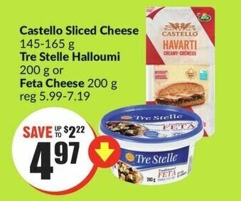 FreshCo Castello Sliced Cheese 145-165g, Tre Stelle Halloumi 200g or Feta Cheese 200g offer