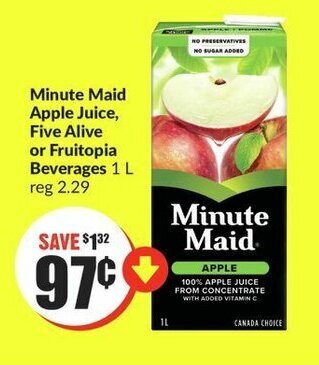 FreshCo Minute Maid Apple Juice, Five Alive or Fruitopia Beverages 1L offer