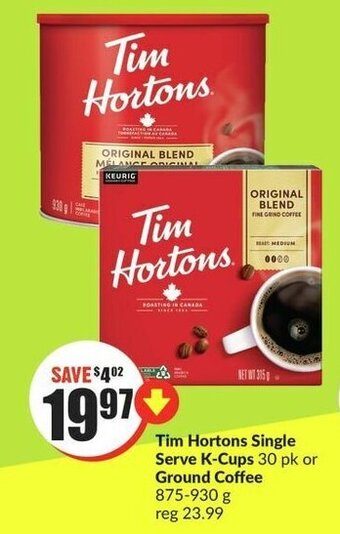 FreshCo Tim Hortons Single Serve K-Cups 30 pk or Ground Coffee 875-930g offer