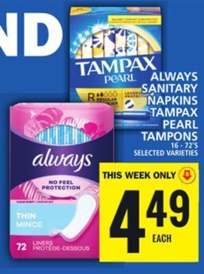 Food Basics Always sanitary napkins tampax pearl tampons offer