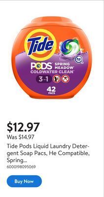 Walmart Tide pods liquid laundry detergent soap pacs, he compatible, spring meadow offer