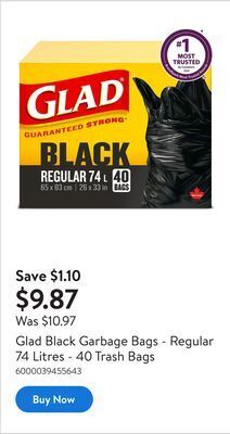 Walmart Glad black garbage bags - regular 74 litres - 40 trash bags offer