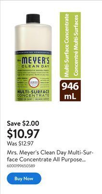 Walmart Mrs. meyer's clean day multi-surface concentrate all purpose cleaner, 946ml, lemon verbena offer