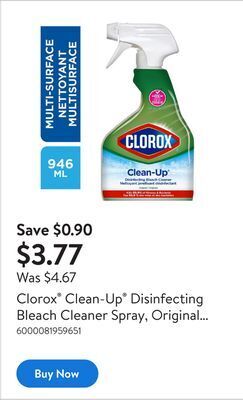 Walmart Clorox clean-up disinfecting bleach cleaner spray, original scent, 946 ml offer