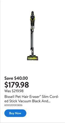 Walmart Bissell pet hair eraser slim corded stick vacuum black and electric green offer