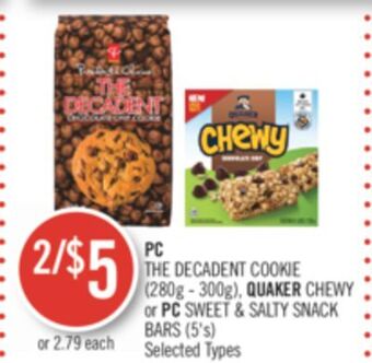Shoppers Drug Mart Pc the decadent cookie (280g - 300g), quaker chewy or pc sweet & salty snack bars (5's) offer