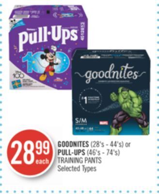 Shoppers Drug Mart Goodnites (28's - 44's) or pull-ups (46's - 74's) training pants offer