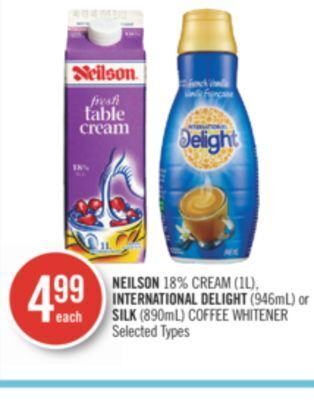 Shoppers Drug Mart Neilson 18% cream (1l), international delight (946ml) or silk (890ml) coffee whitener offer