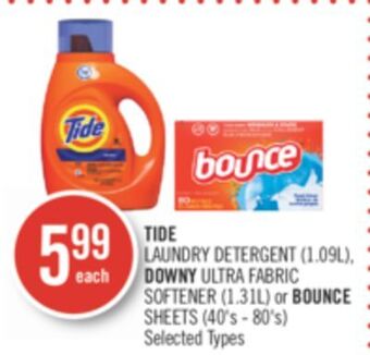 Shoppers Drug Mart Tide laundry detergent (1.09l), downy ultra fabric softener (1.31l) or bounce sheets (40's - 80's) offer