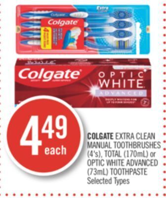 Shoppers Drug Mart Colgate extra clean manual toothbrushes (4's), total (170ml) or optic white advanced (73ml) toothpaste offer