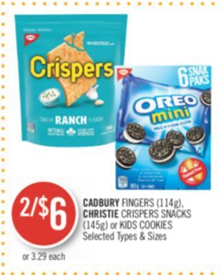 Shoppers Drug Mart Cadbury fingers (114g) christie crispers snacks (145g) or kids cookies offer