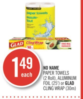 Shoppers Drug Mart No name paper towels (2 roll), aluminum foil (25') or glad cling wrap (30m) offer