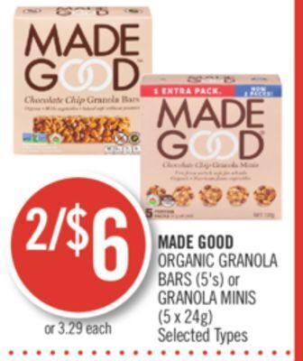 Shoppers Drug Mart Made good organic granola bars (5's) or granola minis (5 x 24g) offer