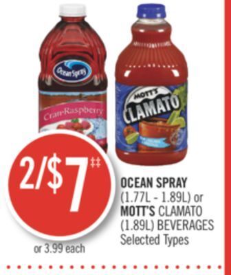 Shoppers Drug Mart Ocean spray (1.77l - 1.89l) or mott's clamato (1.89l) beverages offer