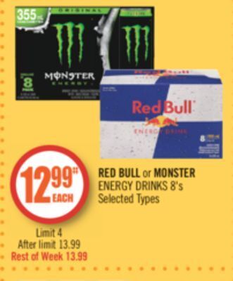 Shoppers Drug Mart Red bull or monster energy drinks 8's offer