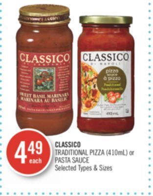 Shoppers Drug Mart Classico traditional pizza (410ml) or pasta sauce offer