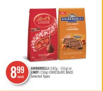 Shoppers Drug Mart Ghirardelli (142g - 151g) or lindt (150g) chocolate bags offer