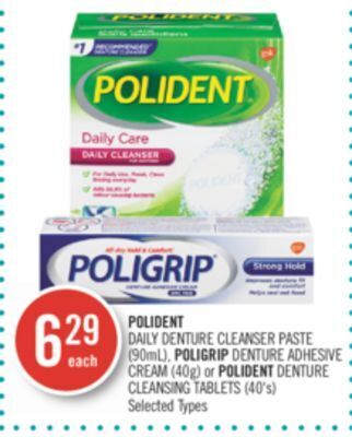 Shoppers Drug Mart Polident daily denture cleanser paste (90ml), poligrip denture adhesive cream (40g) or polident denture cleansing tablets (40 offer
