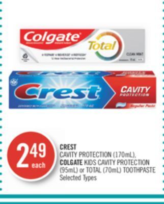 Shoppers Drug Mart Crest cavity protection (170ml), colgate kids cavity protection (95ml) or total (70ml) toothpaste offer