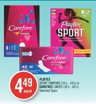 Shoppers Drug Mart Playtex sport tampons (16's - 18's) or carefree liners (36's - 60's) offer