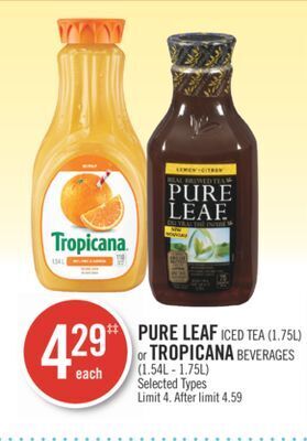 Shoppers Drug Mart Pure leaf iced tea (1.75l) or tropicana beverages (1.54l - 1.75l) offer