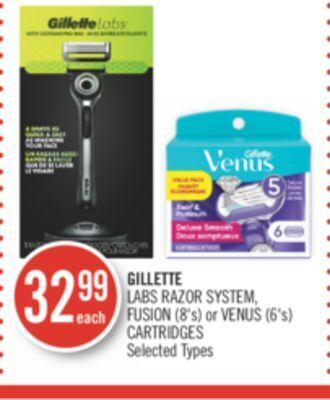 Shoppers Drug Mart Gillette labs razor system, fusion (8's) or venus (6's) cartridges offer