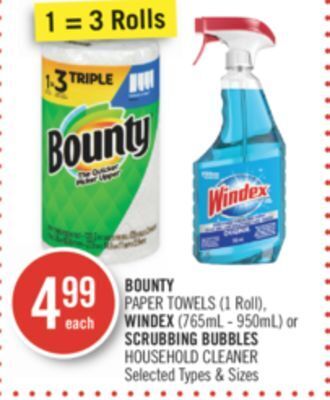 Shoppers Drug Mart Bounty paper towels (1 roll), windex (765ml-950ml) or scrubbing bubbles household cleaner offer