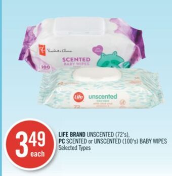 Shoppers Drug Mart Life brand unscented (72's), pc scented or unscented (100's) baby wipes offer