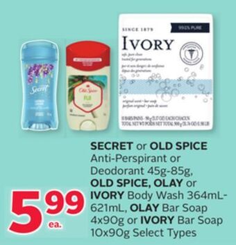 Rexall Secret or old spice anti-perspirant or deodorant 45g-85g, old spice, olay or ivory body wash 364ml-621ml, olay bar soap 4x90g offer
