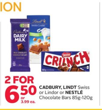 Rexall Cadbury, lindt swiss or lindor or nestlé chocolate bars 85g-120g offer