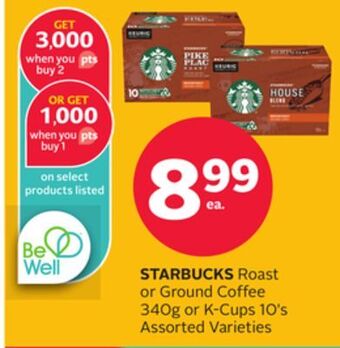 Rexall Starbucks roast or ground coffee 340g or k-cups 10's offer