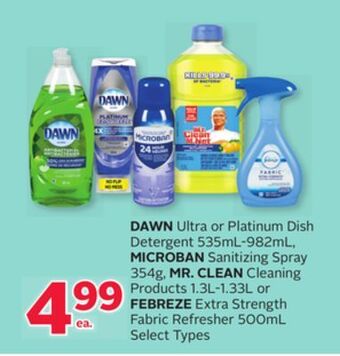 Rexall Dawn ultra or platinum dish detergent 535ml-982ml, microban sanitizing spray 354g, mr. clean cleaning products 1.3l-1.33l or  offer