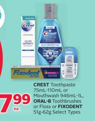 Rexall Crest toothpaste 75ml-110ml or mouthwash 946ml-1l, oral-b toothbrushes or floss or fixodent 51g-62g offer