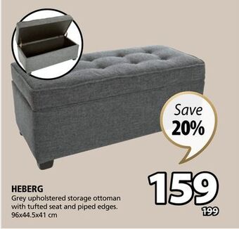 JYSK Heberg grey upholstered storage ottoman with tufted seat and piped edges offer