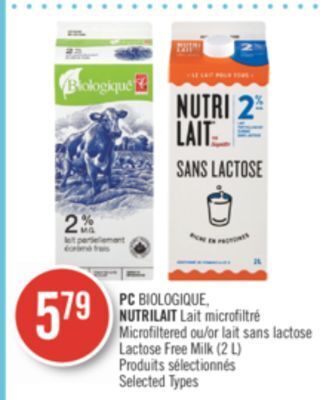 Pharmaprix Pc biologique, nutrilait microfiltered or sans lactose lactose free milk (2 l) offer