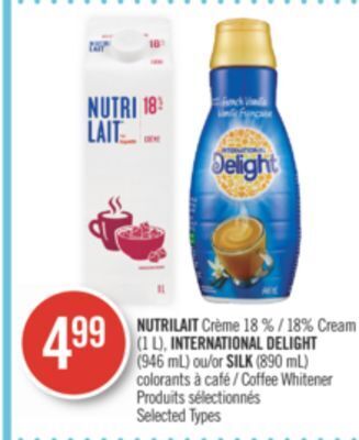 Pharmaprix Nutrilait 18% cream (1 l), international delight (946 ml) or silk (890 ml) coffee whitener offer