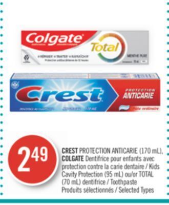 Pharmaprix Crest cavity protection (170ml), colgate kids cavity protection (95ml) or total (70ml) toothpaste offer